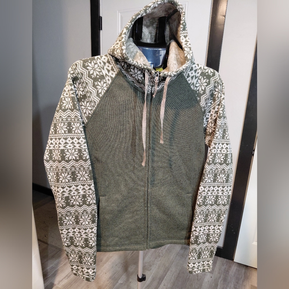 Cabela's Women Olive Green Fair Isle Patterned Sleeve Fleece Lined Full Zip Sz L